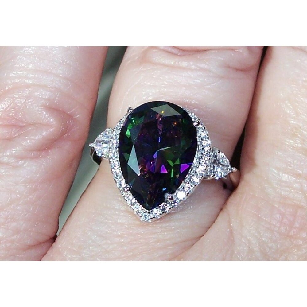 925 Sterling Silver Simulated Mystic Rainbow Topaz CZ Pear Cut Halo Ring - Picture 4 of 16